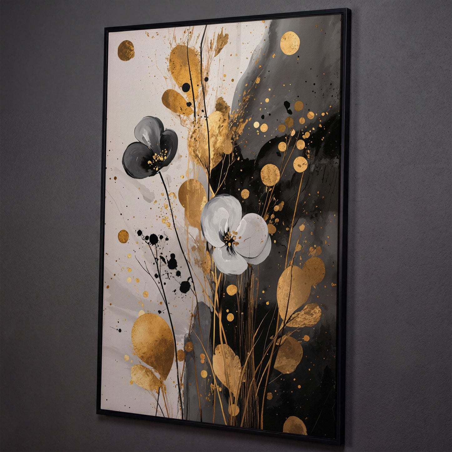 Abstract Floral Canvas with Gold Accents shown in black floating frame