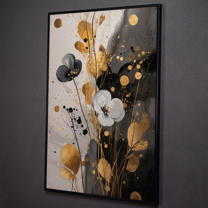Abstract Floral Canvas with Gold Accents shown in black floating frame