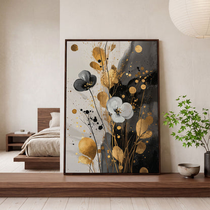 Abstract Floral Canvas with Gold Accents in dark walnut floating frame