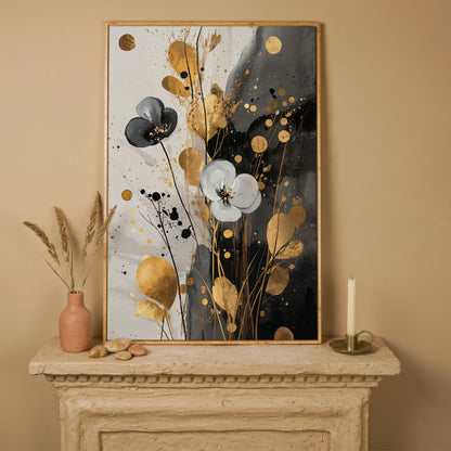 Abstract Floral Canvas with Gold Accents in white oak floating frame