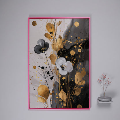 Abstract Floral Canvas with Gold Accents in pink floating frame