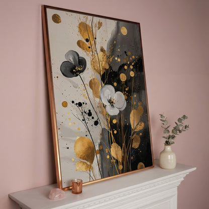 Abstract Floral Canvas with Gold Accents in rose gold floating frame