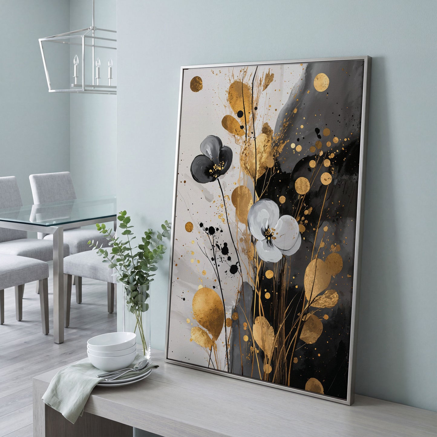 Abstract Floral Canvas with Gold Accents in silver floating frame