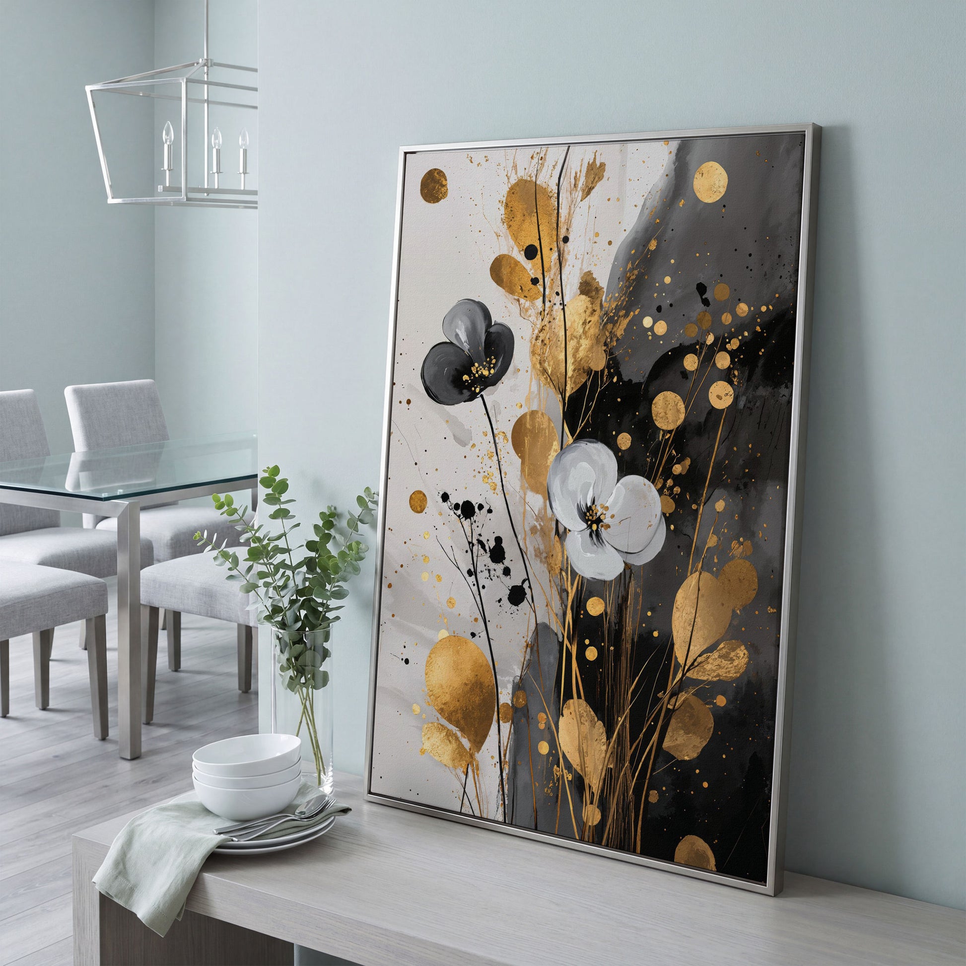 Abstract Floral Canvas with Gold Accents in silver floating frame