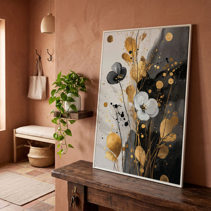 Abstract Floral Canvas with Gold Accents in white floating frame