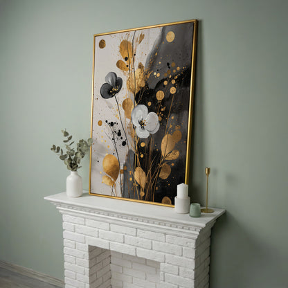 Abstract Floral Canvas with Gold Accents in yellow gold floating frame