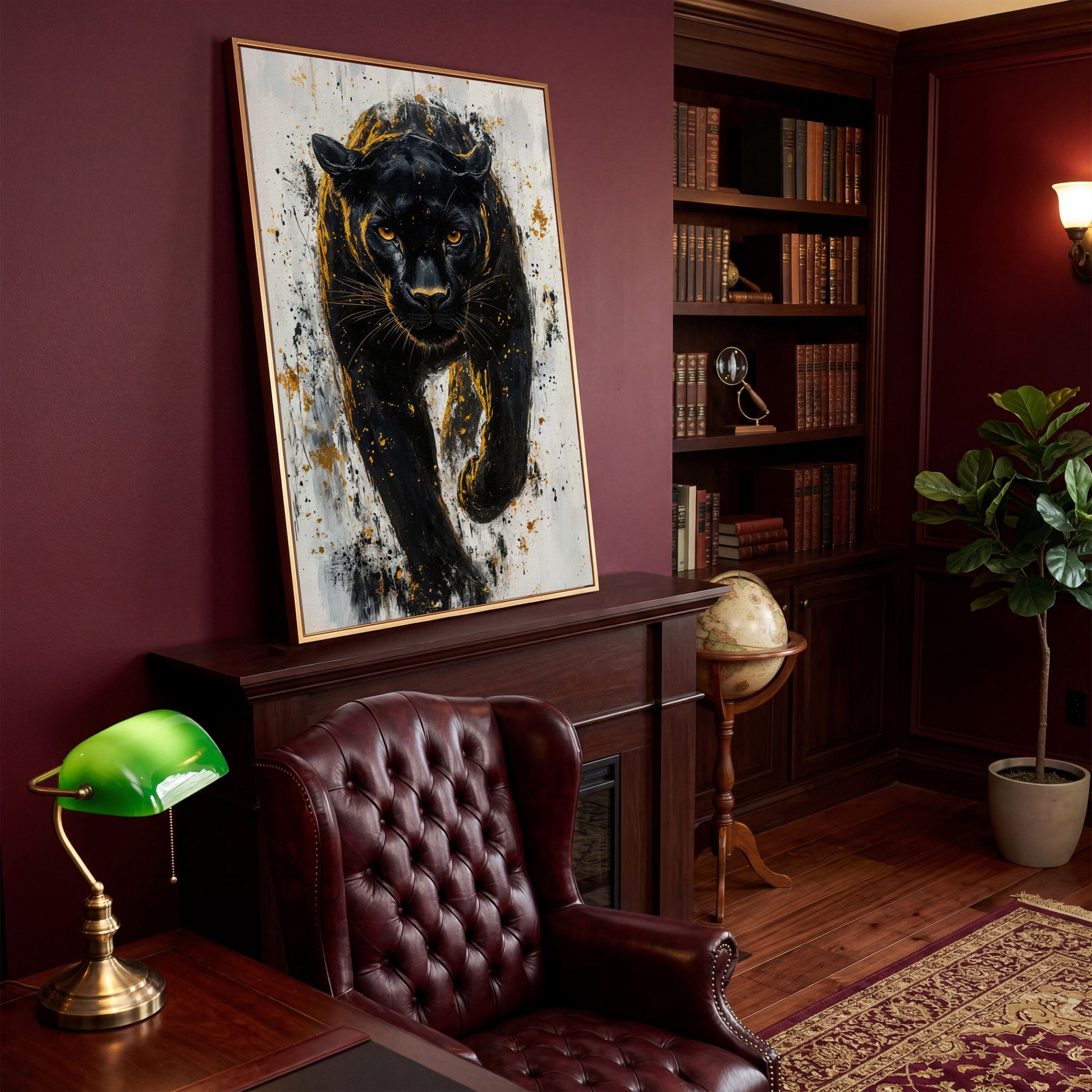 Black Panther with Gold Splatter Canvas in antique gold floating frame
