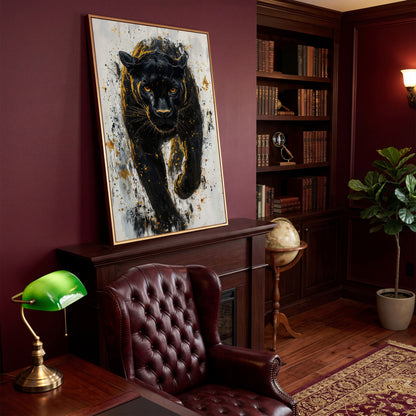 Black Panther with Gold Splatter Canvas in antique gold floating frame