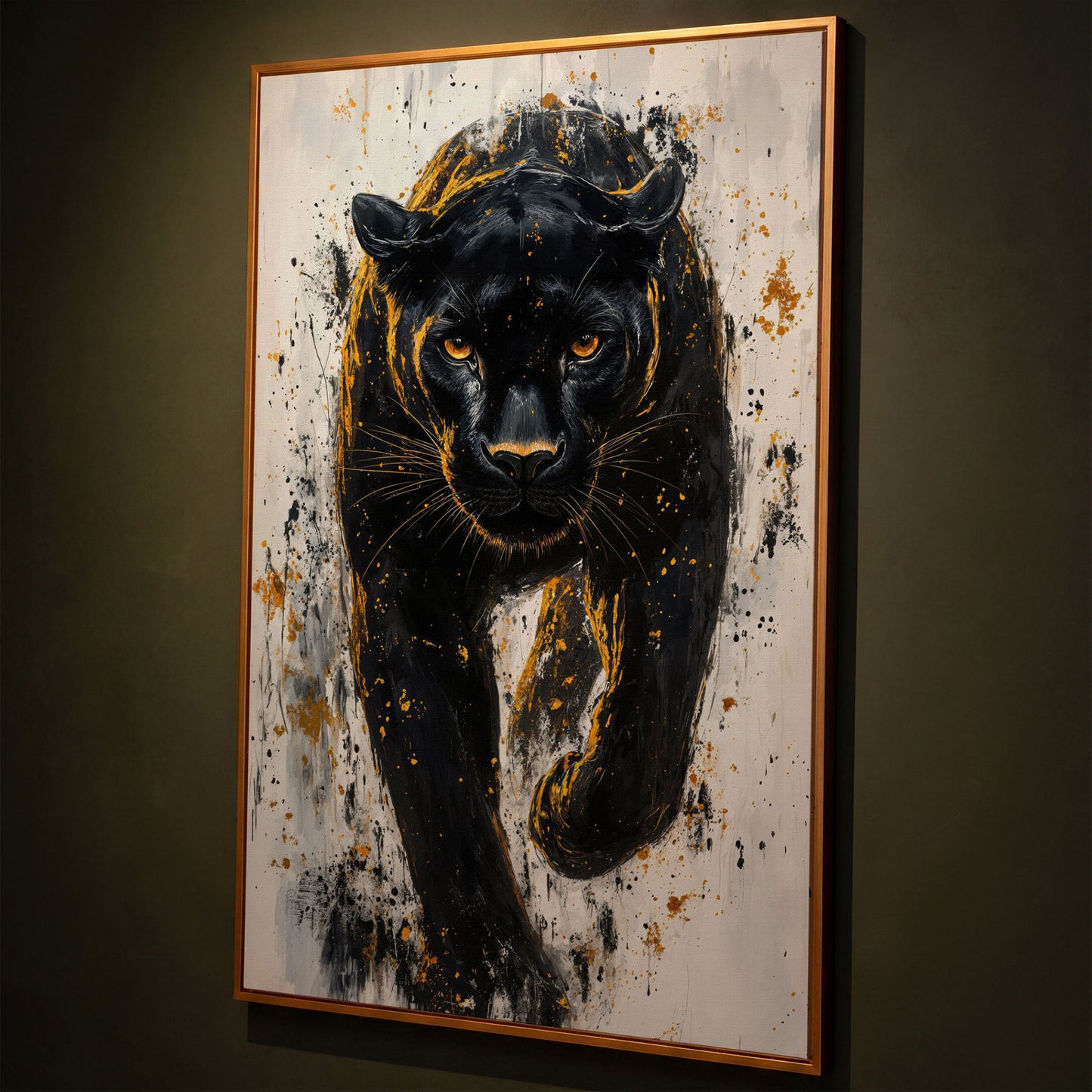Black Panther with Gold Splatter Canvas shown in antique gold floating frame