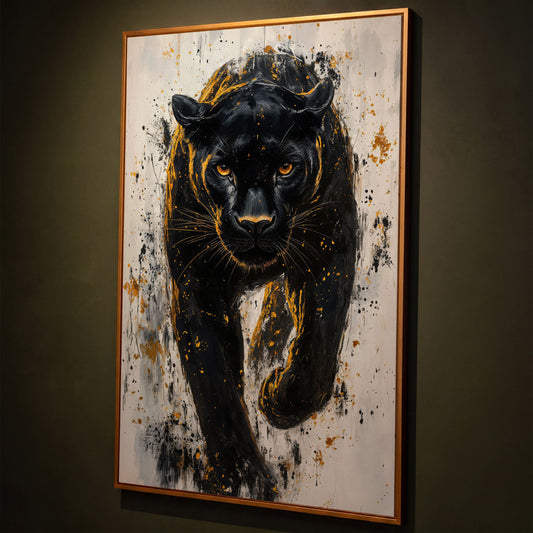 Black Panther with Gold Splatter Canvas shown in antique gold floating frame