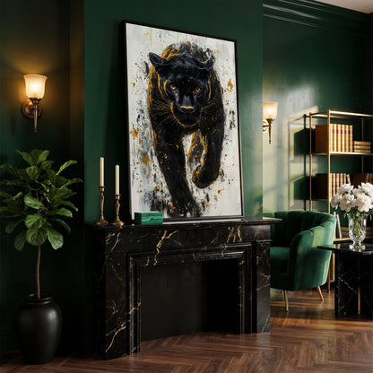 Black Panther with Gold Splatter Canvas in black floating frame