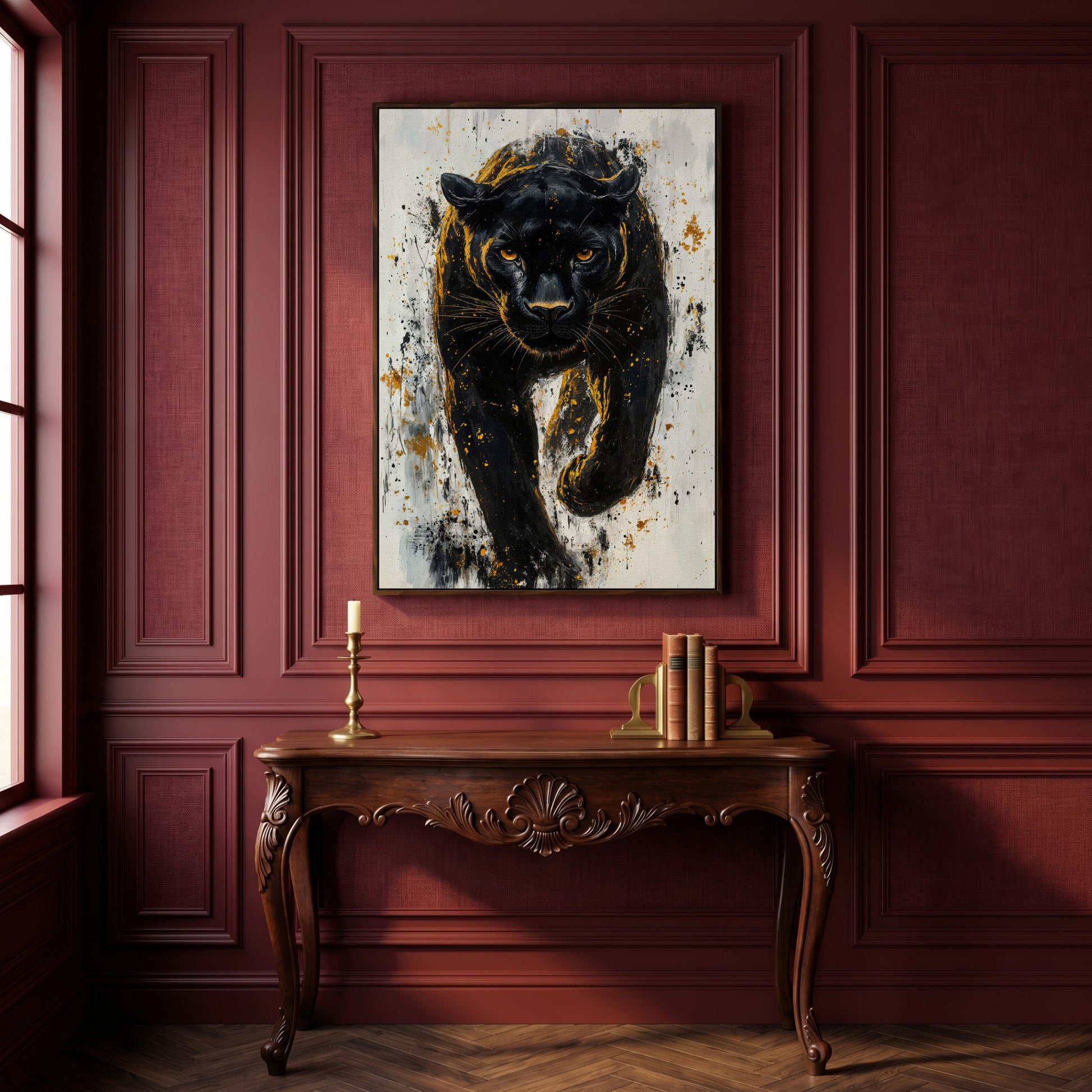 Black Panther with Gold Splatter Canvas in dark walnut floating frame