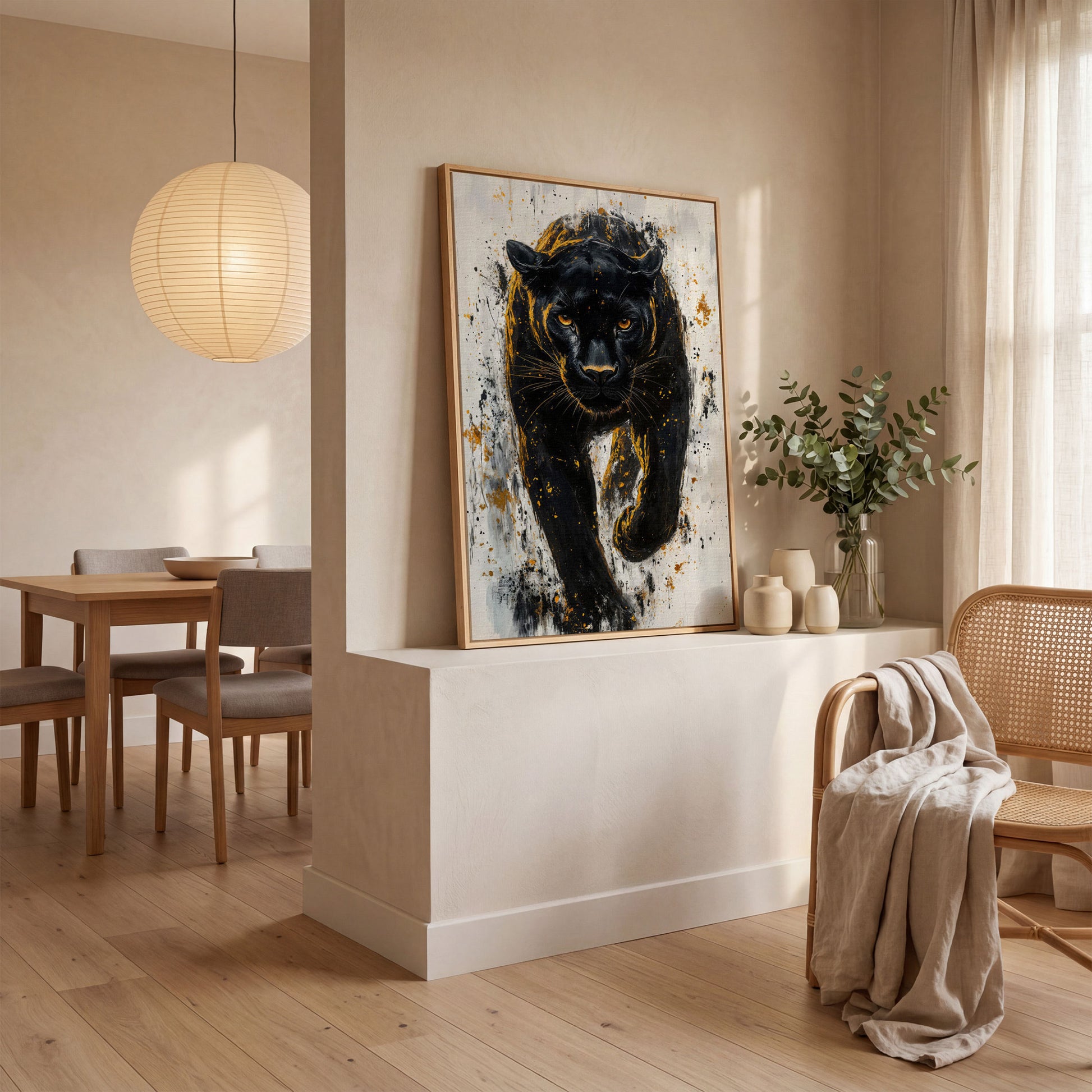 Black Panther with Gold Splatter Canvas in white oak floating frame