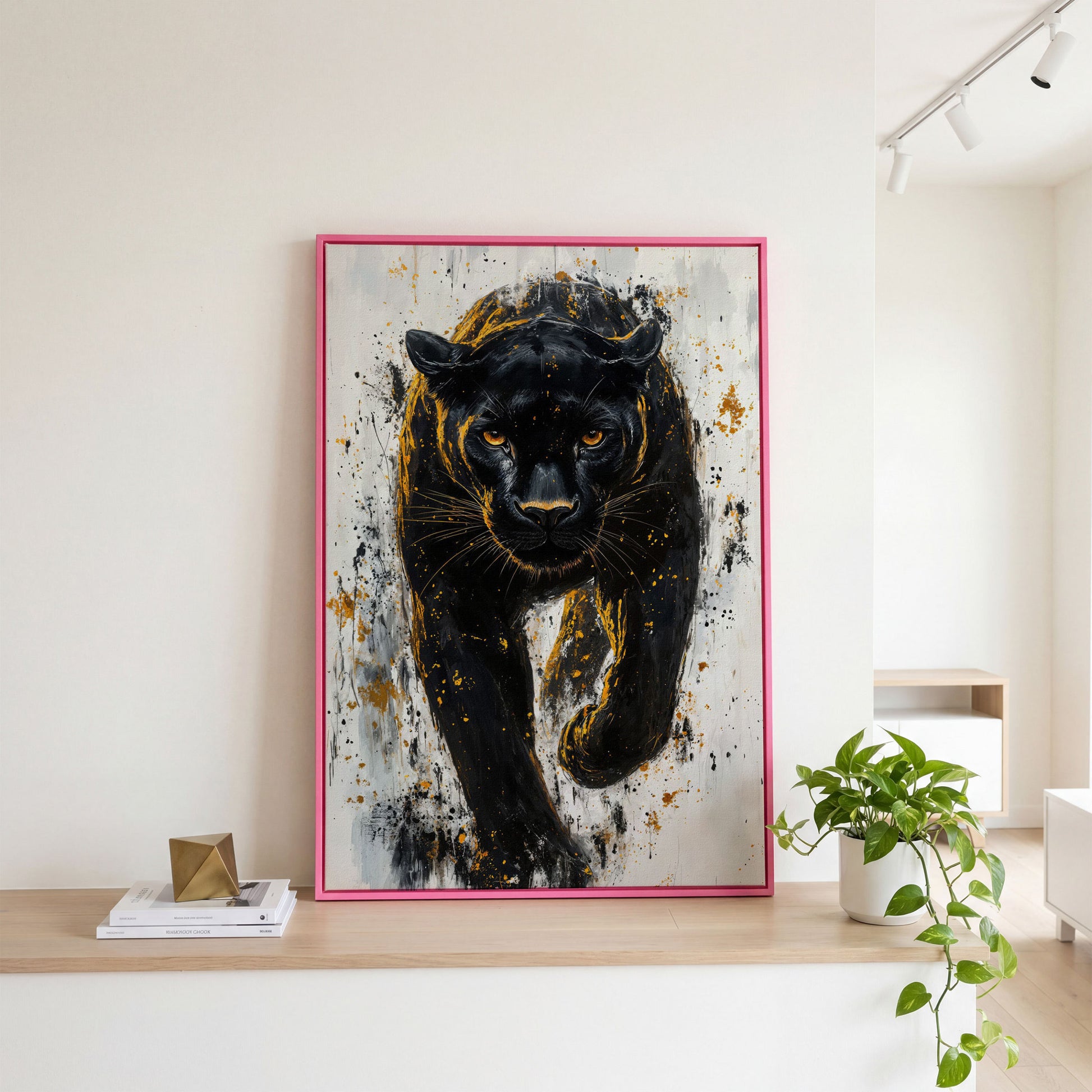 Black Panther with Gold Splatter Canvas in pink floating frame