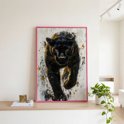 Black Panther with Gold Splatter Canvas in pink floating frame