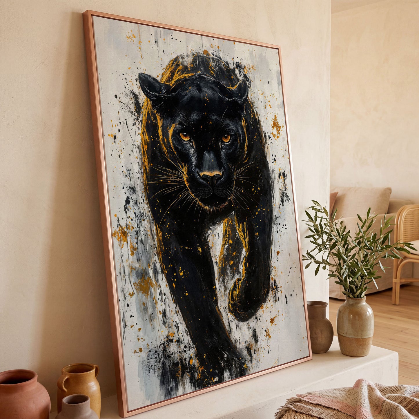 Black Panther with Gold Splatter Canvas in rose gold floating frame