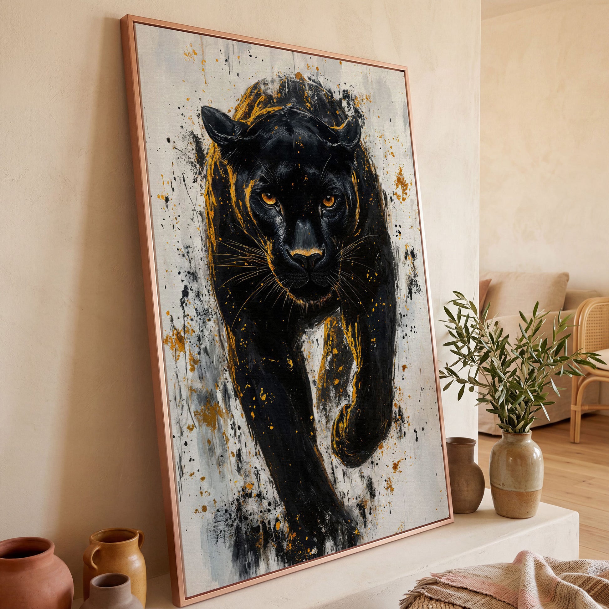 Black Panther with Gold Splatter Canvas in rose gold floating frame