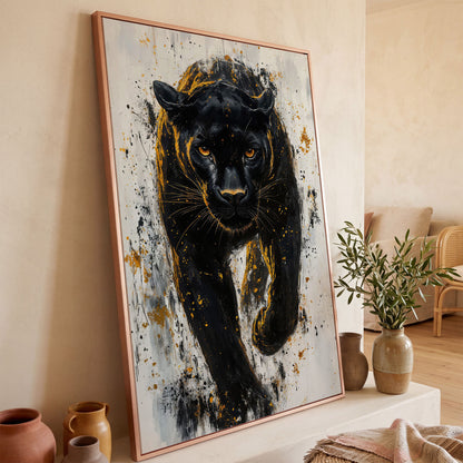 Black Panther with Gold Splatter Canvas in rose gold floating frame