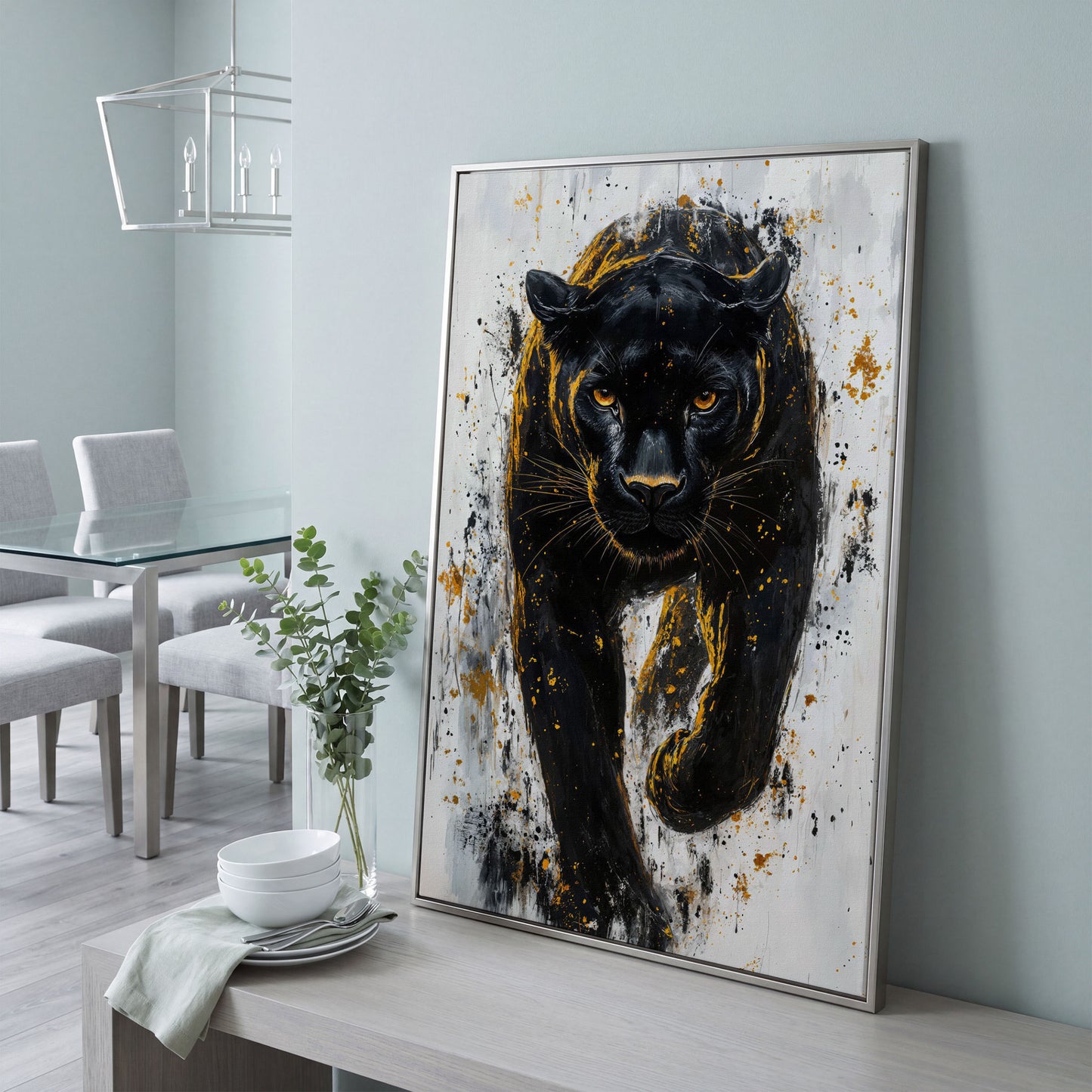 Black Panther with Gold Splatter Canvas in silver floating frame