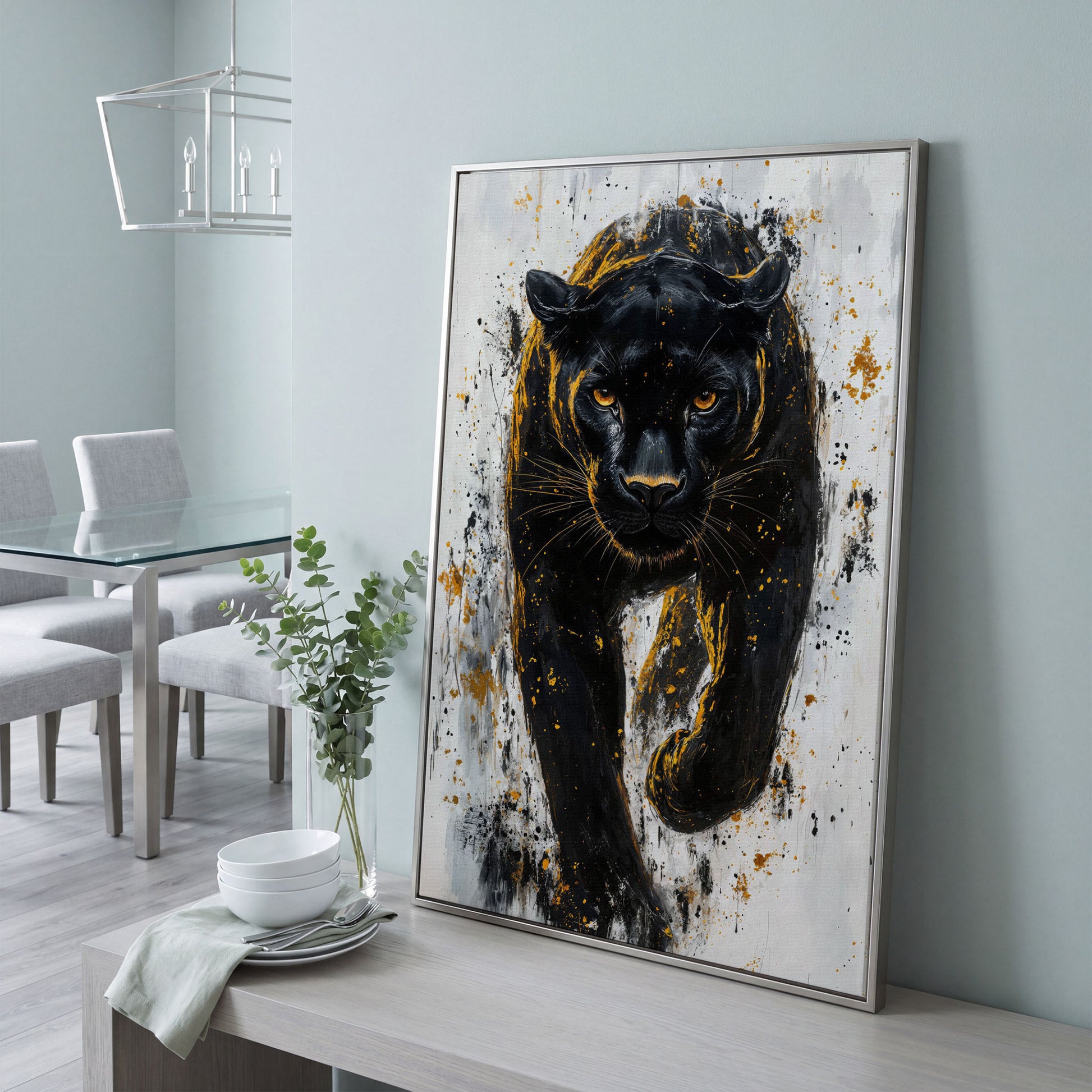 Black Panther with Gold Splatter Canvas in silver floating frame