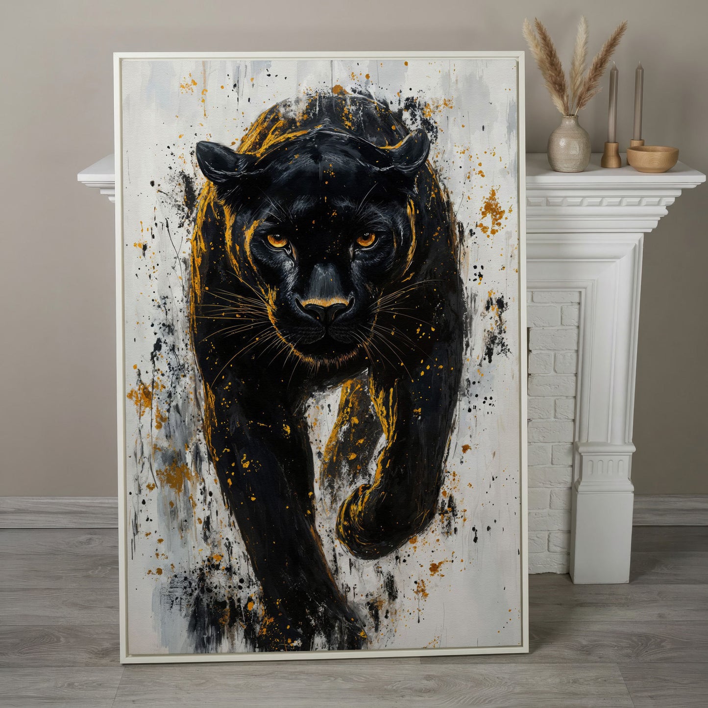 Black Panther with Gold Splatter Canvas in white floating frame