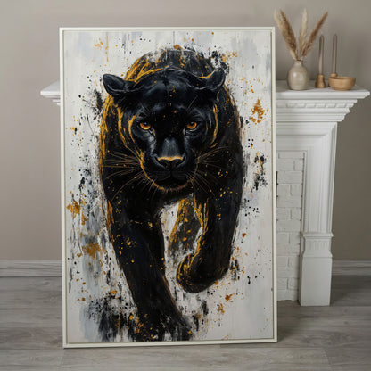 Black Panther with Gold Splatter Canvas in white floating frame