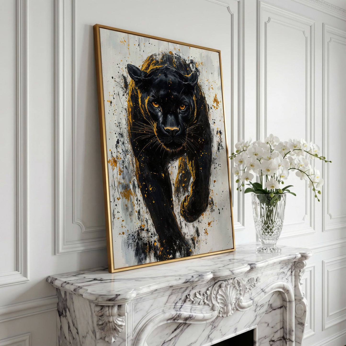 Black Panther with Gold Splatter Canvas in yellow gold floating frame