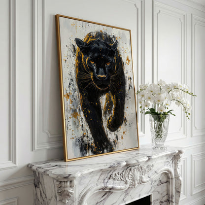 Black Panther with Gold Splatter Canvas in yellow gold floating frame