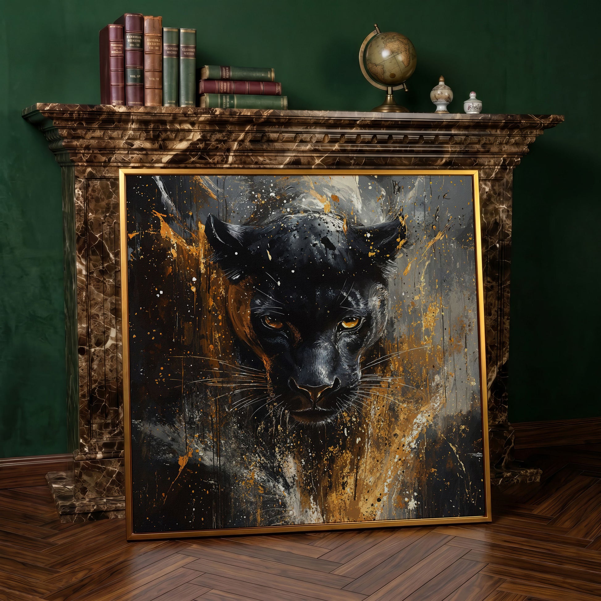 Black Panther Abstract Canvas in antique gold floating frame