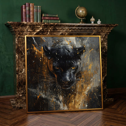 Black Panther Abstract Canvas in antique gold floating frame