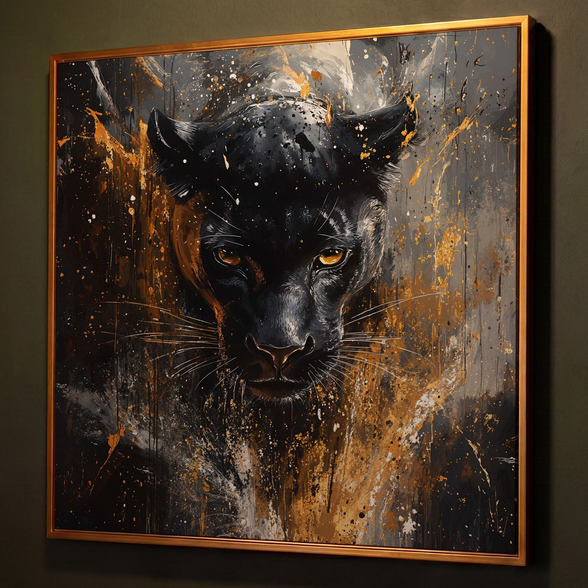 Black Panther Abstract Canvas shown in antique gold floating frame