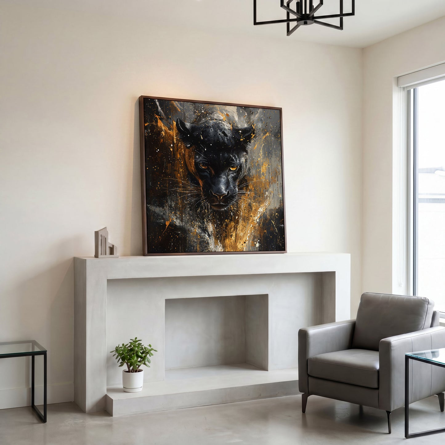 Black Panther Abstract Canvas in dark walnut floating frame