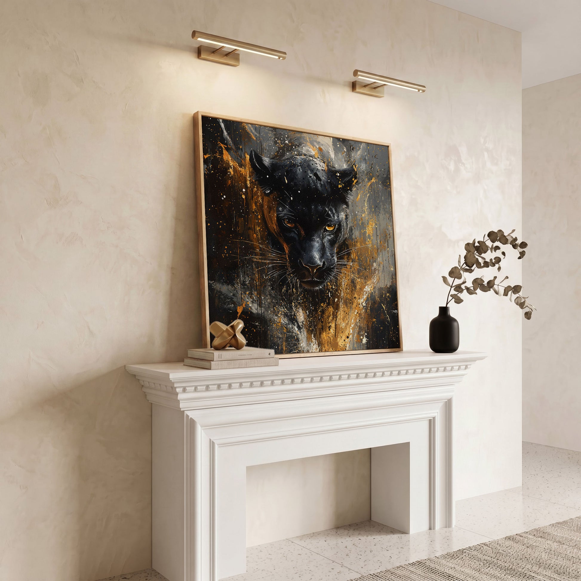 Black Panther Abstract Canvas in white oak floating frame