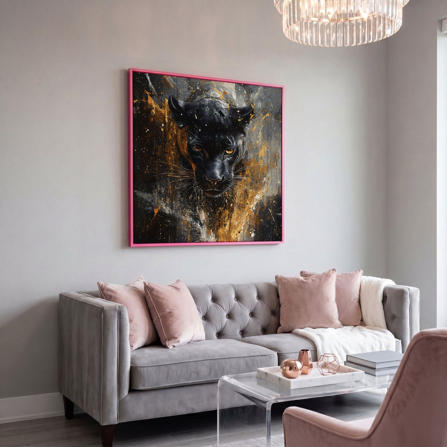 Black Panther Abstract Canvas in pink floating frame