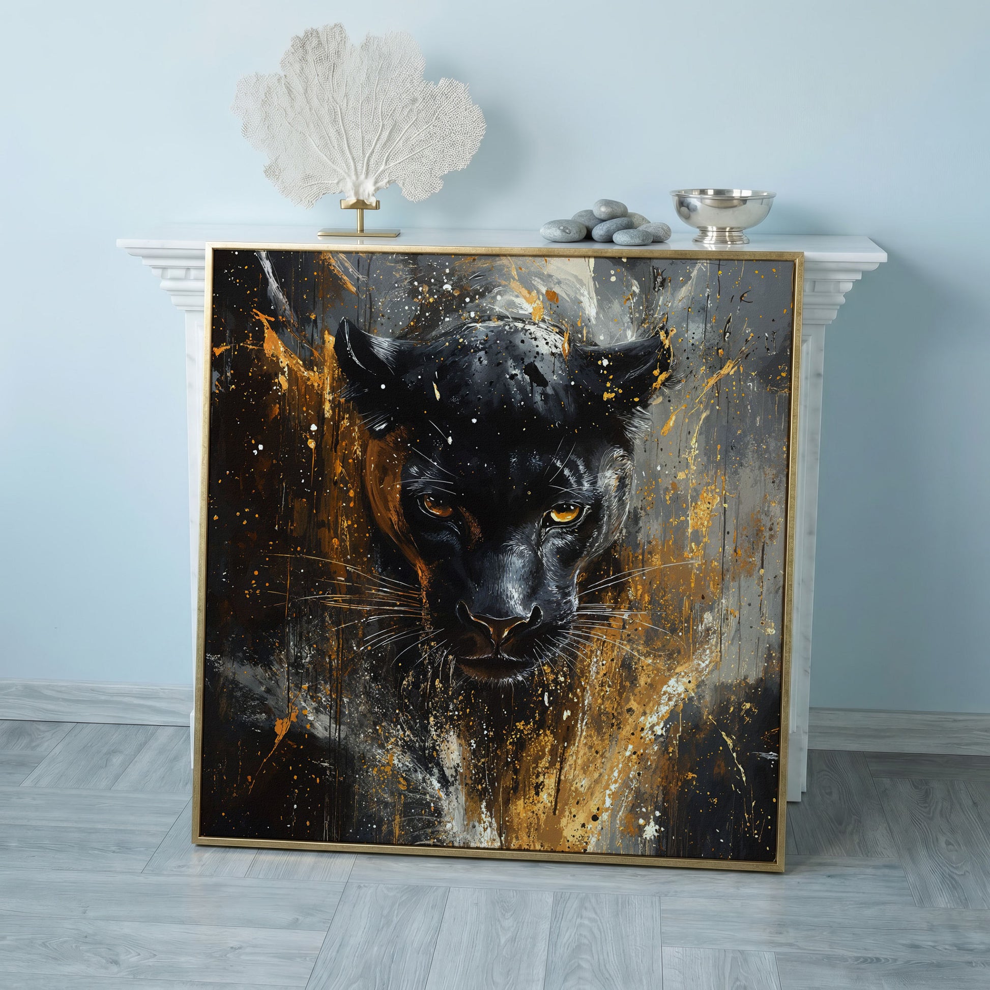 Black Panther Abstract Canvas in rose gold floating frame