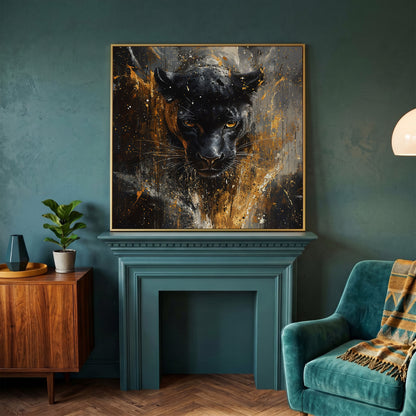Black Panther Abstract Canvas in yellow gold floating frame
