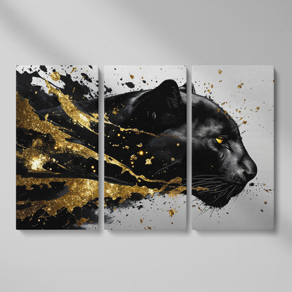 Black Panther Abstract Canvas in Gold and Onyx as 3-panel split version