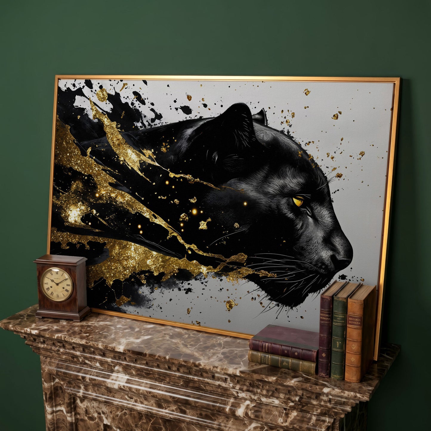 Black Panther Abstract Canvas in Gold and Onyx in antique gold floating frame