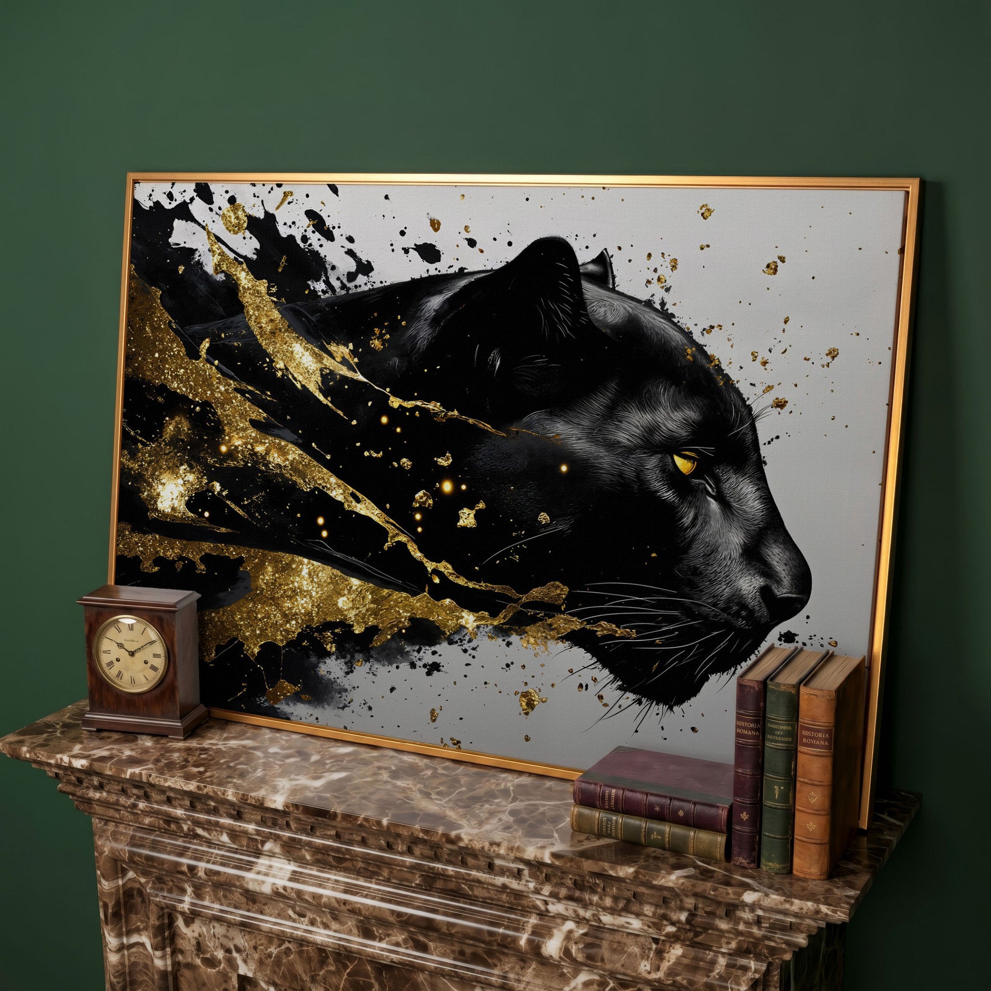 Black Panther Abstract Canvas in Gold and Onyx in antique gold floating frame