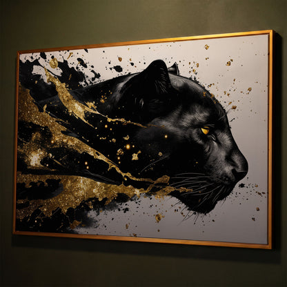 Black Panther Abstract Canvas in Gold and Onyx shown in antique gold floating frame