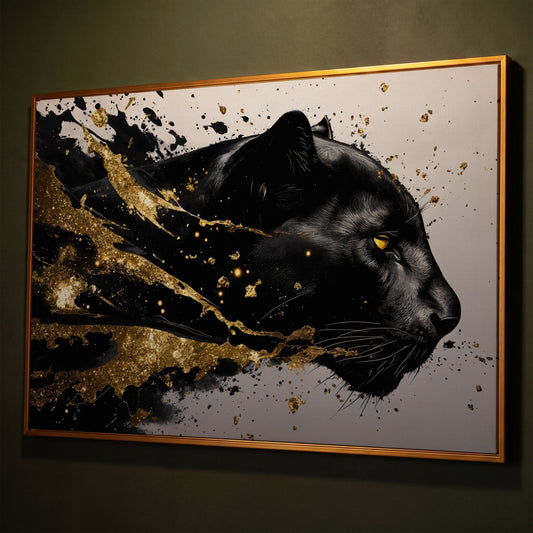 Black Panther Abstract Canvas in Gold and Onyx shown in antique gold floating frame