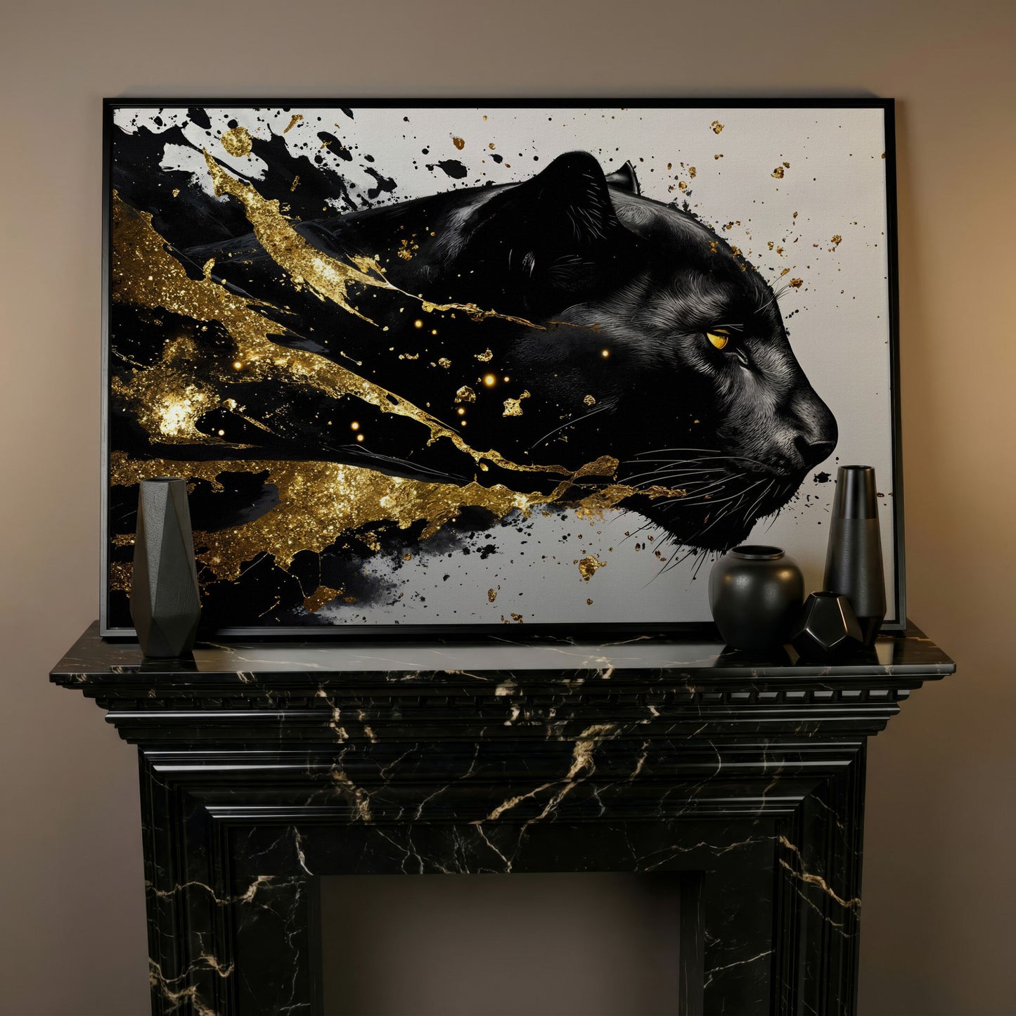 Black Panther Abstract Canvas in Gold and Onyx in black floating frame