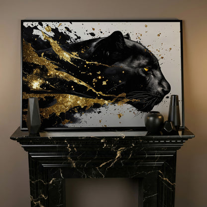 Black Panther Abstract Canvas in Gold and Onyx in black floating frame