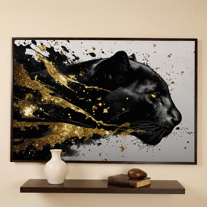 Black Panther Abstract Canvas in Gold and Onyx in dark walnut floating frame