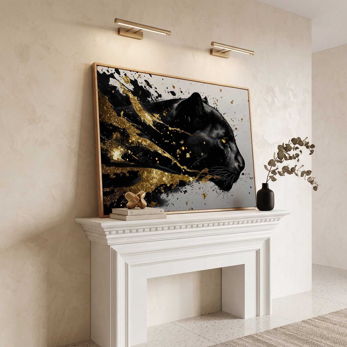 Black Panther Abstract Canvas in Gold and Onyx in white oak floating frame