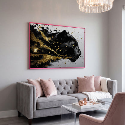 Black Panther Abstract Canvas in Gold and Onyx in pink floating frame