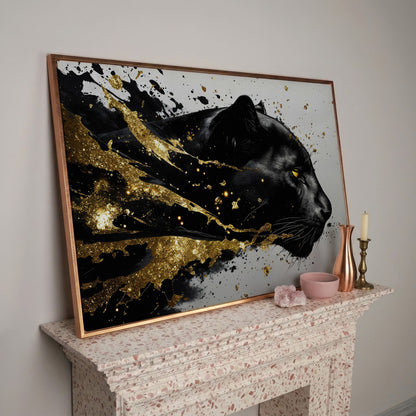 Black Panther Abstract Canvas in Gold and Onyx in rose gold floating frame