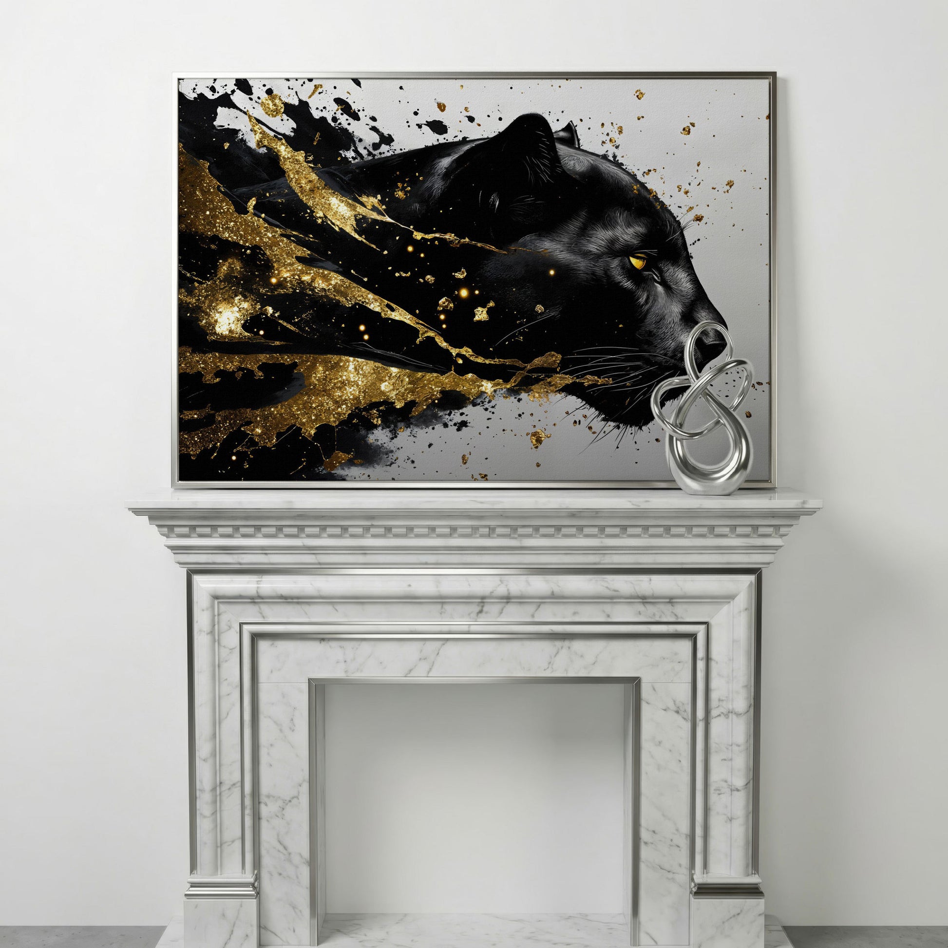 Black Panther Abstract Canvas in Gold and Onyx in silver floating frame