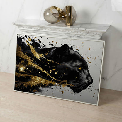 Black Panther Abstract Canvas in Gold and Onyx in white floating frame