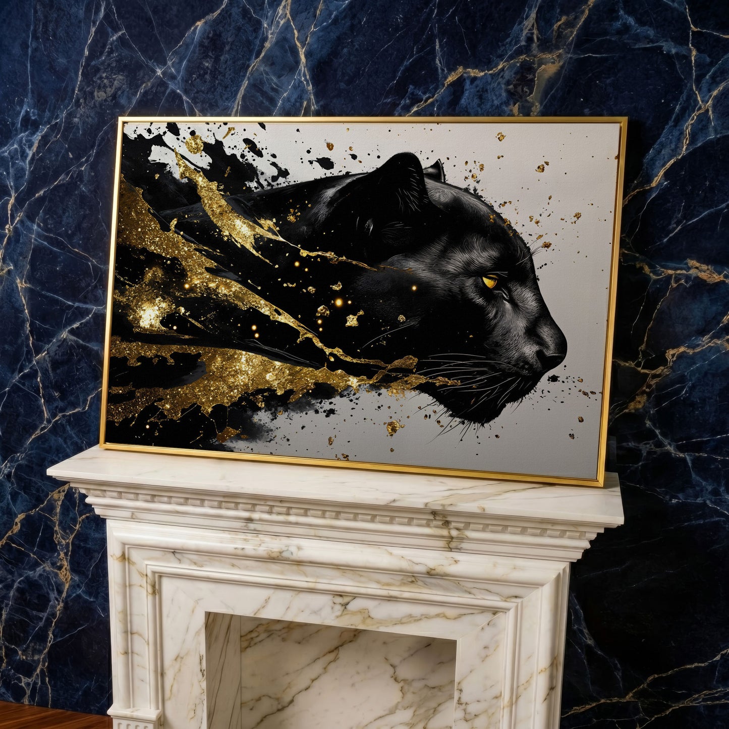 Black Panther Abstract Canvas in Gold and Onyx in yellow gold floating frame